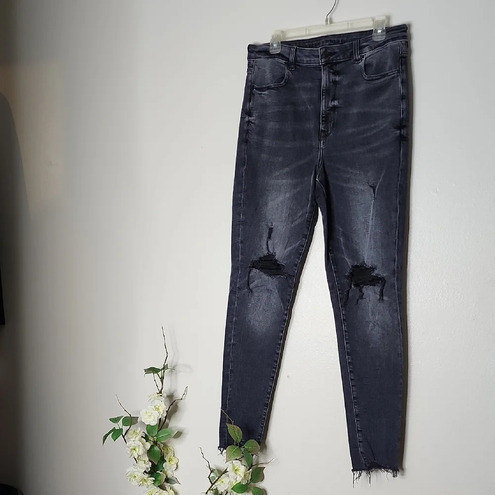 AEO Off Black Jeans Super Stretch Highest Rise Jegging Distressed XLong